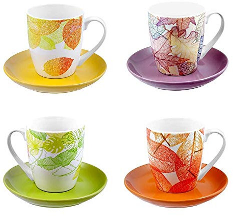 Juego 4 Tazas Platos Cerámica Motivo Otoñal Hojas