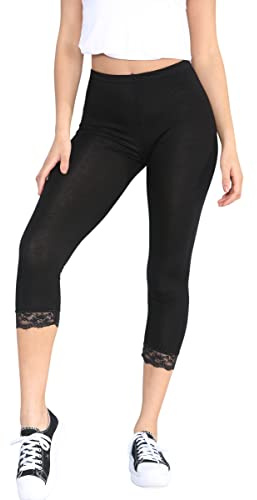 STAR FASHION Womens Ladies ¾ Cropped Capri Lace Trim Leggings Stretchy Soft Tights Yoga Pants Elasticated Waist Shorts for Jogging UK Black 8-10