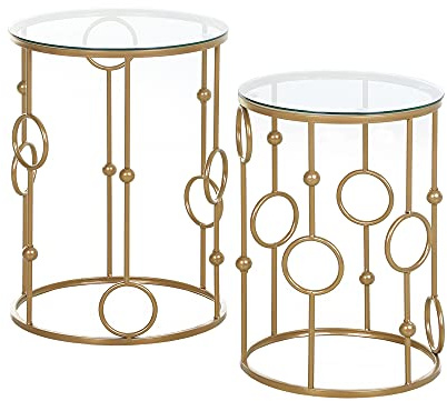 HOMCOM Round Coffee Table Set of 2 Tempered Glass Top Gold Tone | Nesting Side End Tables with Steel Frame for Living Room
