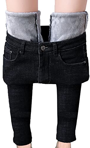 YILEEGOO Dam vinter fleece fodrade stretchiga jeggings hög midja smala jeans denim byxor, Svart, L