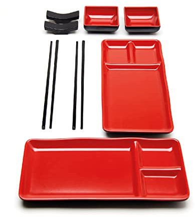 GOLIBER Vajilla Sushi Japonés (8 Piezas) – 2 Platos Individuales (19 X 14 Cm), 2 Tazones Para Salsa, 2 Pares De Palillos, 2 Soportes Para Palillos. En Melamina. Rojo.