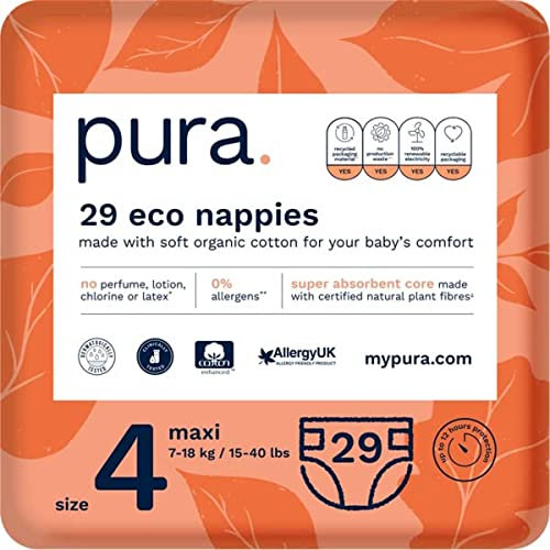 Pura Öko-Windeln Größe 4 (Maxi 7-18 kg), 29 Windeln (1 Packung), mit EU Ecolabel Zertifiziert, für Empfindliche Haut, aus Bio-Baumwolle, Geruchsfrei, Hypoallergen, 12 Stunden Auslaufschutz