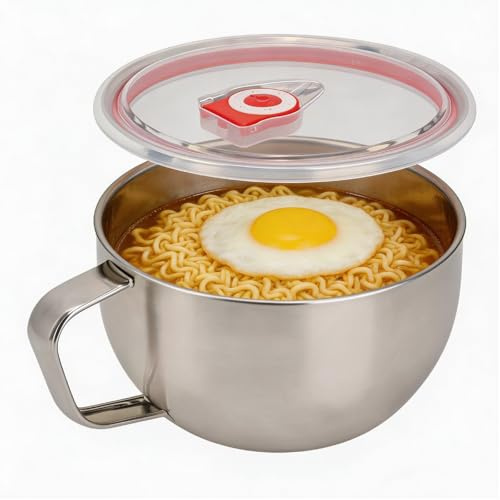 Tomotato Bol à ramen, Bol à soupe en acier inoxydable avec couvercle et poignées 1,3 L pour nouilles, pâtes et salade, Bol multifonction pour repas rapides et voyages