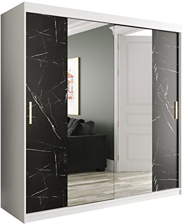Kleiderschrank Kamoga T1, Schwebetürenschrank mit Spiegel, 2 Kleiderstangen, Marmor Optik Muster, Schiebetürenschrank für Schlafzimmer (Modell 200, ohne Schubladen, Weiß / Marmor Schwarz + Gold)