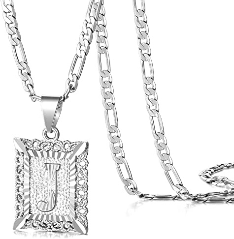 KissYan Initial Letter Pendant Necklace for Men Women, White Gold Plated Square Capital Monogram Necklace Alphabets from A-Z Figaro Chain Jewelry (White Gold J)