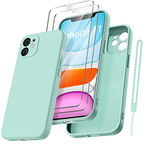 Qasyfanc HandyHülle für iPhone 11 Hülle Silikon case mit 2 Stück schutzfolie, Ultra Microfiber TPU Flüssig silikon mit Kameraschutz Kratzfeste Rundumschutz Schutzhülle 6.1'''-Mintgrün