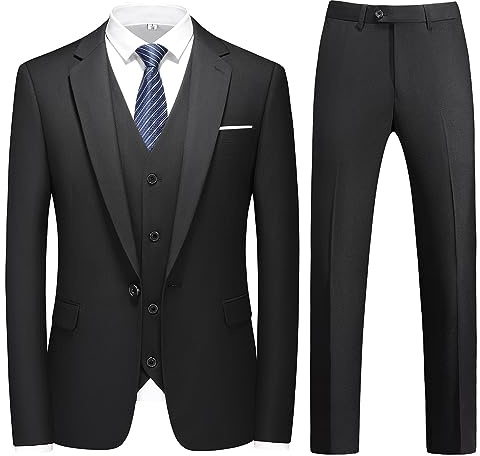 KUDMOL Mens 3-Piece Suit One Button Business Blazer Waistcoat Pants Set | Slim Fit Solid Formal Tuxedo Men's Blazer Vest Trousers Outfit for Wedding Prom Office and Party