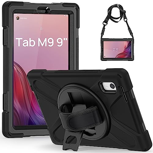 Gerutek Hülle für Lenovo Tab M9 HD 9 Zoll 2023, Stoßfeste Robst Panzerhülle mit 360° Drehbarer Ständer, Handschlaufe und Schultergurt, Schutzhülle für Lenovo Tab TB-310FU, Schwarz
