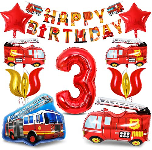Bluelves Feuerwehrauto 3 Geburtstag Luftballon, Kindergeburtstag Feuerwehrauto Deko, 3 Geburtstag Feuerwehrauto Dekoration, Junge Kindergeburtstag Deko Feuerwehrmann, Folienballon Luftballon