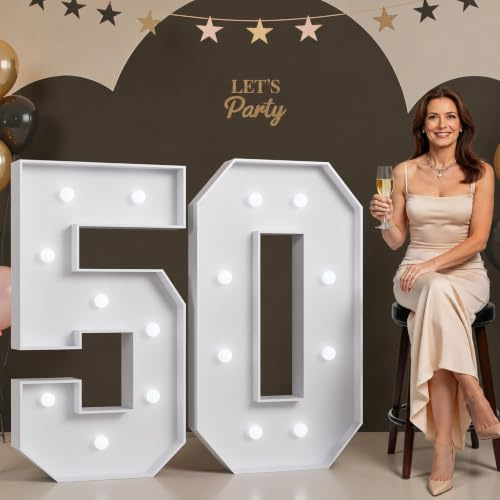 50th Birthday Decorations 3FT Large Light Up Numbers Big Marquee Number for 50th Birthday Anniversary Party Decor Light Up Cardboard Mosaic Arch Stand Pre-cut Foam