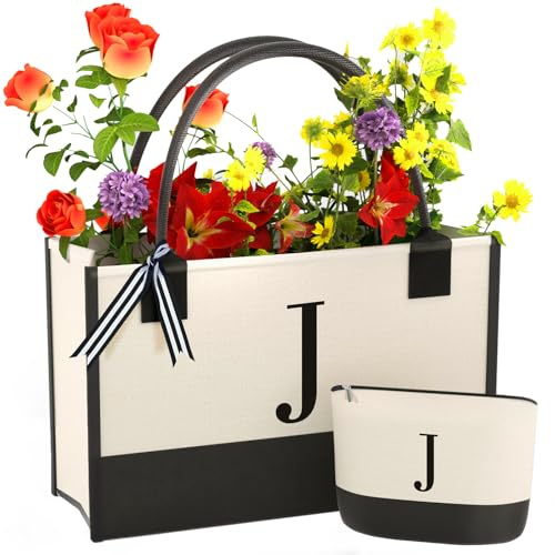 OATALY Monogrammed Canvas Tote Bag with Zipper Pockets - Ideal Gift for Mom, Teacher, Sister