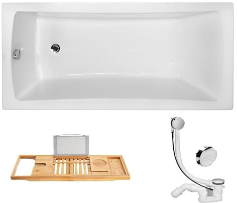 KOLMAN Badewanne Rechteck Wanne Acryl Optimaz 160x70, Kompatibel mit Viega Ablauf + Bambus Badewannenablage + Füße