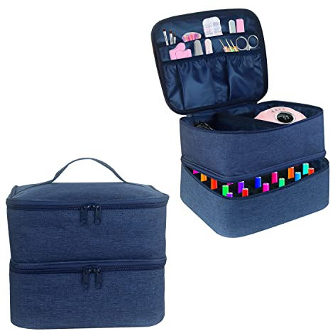 Boczif Nail Polish Carrying Case, Double-Layer Nail Polish Storage Bag- Fits Nail Dryer Lamp and 30 Bottles(15ml/0.5 fl.oz), Nail Polish Organizer Bag with Adjustable Dividers for Manicure Set (Blue)
