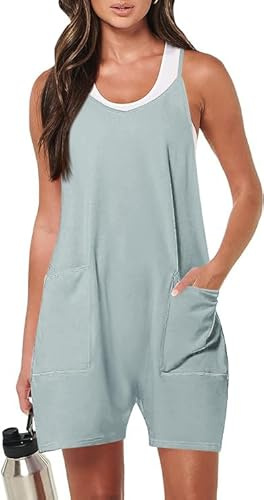 Haibang Jumpsuit för kvinnor, sommar, lösa, korta hängselbyxor, arbetsbyxor, lösa, ärmlösa, linne, sommar, stora fickor, Ljusgrön, S