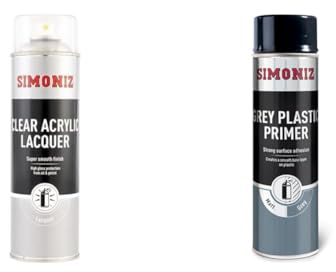 SIMONIZ Holts LOYSIMP22C Clear Acrylic Lacquer, 500 ml & Grey Plastic Primer Spray Paint, Car Primer Spray Paint For All Plastic Surfaces