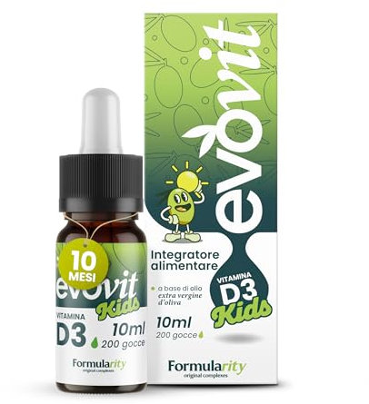 EVOVIT VITAMINA D3 KIDS - 6 mesi di durata -In Olio Extravergine d'Oliva Italiano-Dai 3 anni in su-Integratore Naturale ad Alta Biodisponibilità -Senza Zuccheri, Glutine, Lattosio, 10ml- Made in Italy