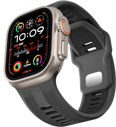 Dirrelo Armband kompatibelt med Apple Watch Ultra 2 49 mm 46 mm 45 mm 44 mm 42 mm 26 mm brett tvåfärgat mjukt sportarmband i silikon för iWatch SE Ultra 2-serien 1-10, grå/svart