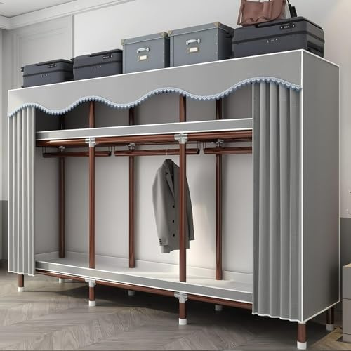EZZPGDKU Kleiderschrank, Stoffschrank für Schlafzimmer, Faltschrank, Stoffkleiderschrank mit Staubabdeckung, Kleiderschrank aus Stoff mit Kleiderstangen und Ablagen, für Kleideraufbewahrung, Grau