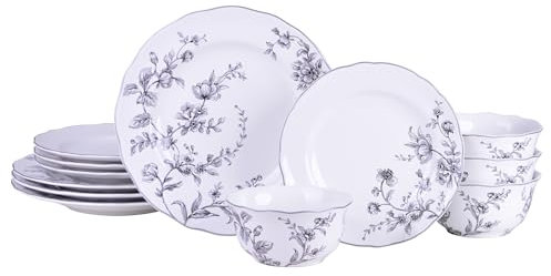 222 Fifth 12-Piece Porcelain Dinnerware Set for 4, White & Black Plates and Bowls Set, Glossy Ceramic Dish Set with Delicate Floral Design, Elegant Kitchen Dishes, Microwave & Dishwasher Safe, Bellamy
