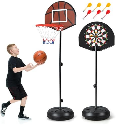 COSTWAY Kids Basketball Hoop with Dart Board, 2-in-1 Toddler Basketball Goal System with Double-sided Backboard, 6 Darts and Fillable Base, Height Adjustable Basketball Stand for Indoor Outdoor Use