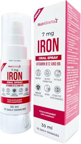 NutriStella Eisen Spray - B12+B6-75 wirksame Tagesportionen - Hochdosiert - Magenschonend - Alternative zu Eisentabletten und Kapseln - Neue Formel - Ohne Zucker - Bekämpfung von Müdigkeit