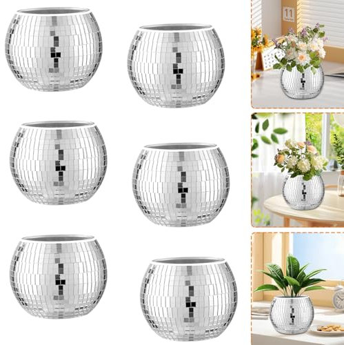 Lot de 6 boules disco décoratives pour plantes,Pot de fleurs disco,Jardinière disco argentée,Jardinière Boule Disco,Pot de Fleurs de Boule Disco,Disco Ball Planter,Boule Disco Plante, Vase Boule Disco