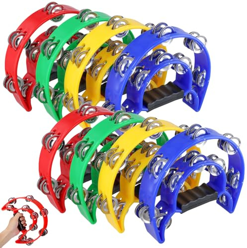 JOIKIT 8 PCS 23 x 20 cm 4 Color Double Row Tambourines, Half Moon Tambourines for Musicians Singers Bands