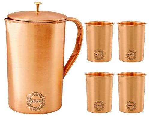 Brocca in rame con coperchio - 50,7 once - Bevi più acqua, riduci l'assunzione di zucchero e goditi i benefici per la salute - Brocca semplice fatta a mano in rame puro con 4 bicchieri
