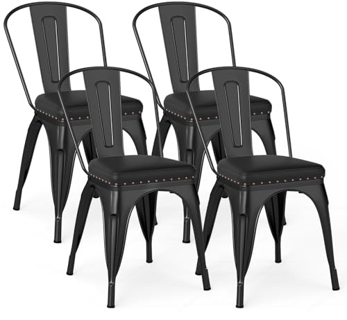 TANGZON Stackable Dining Chairs Set of 4, Metal Tolix Chairs with PU Leather Padded Seat & Removable Slat Backrest, Industrial Bistro Side Seating for Kitchen Dining Room Restaurant (Black)