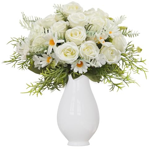 LIIGOU 4PCS Flores Artificiales Decoracion Rosa Ramo de Flores Falsas Rosas Ramas Secas Decoracion para Hogar Centro Mesa Decorativo Salon Cementerio Realista Flore Artificiales (4, Blanco)