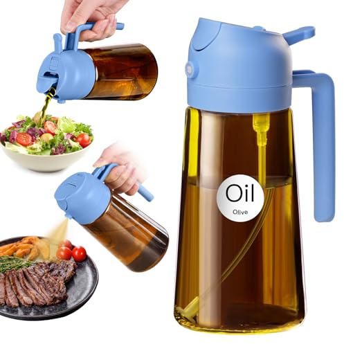 YARRAMATE 470 ml oljespruta för matlagning, 2-i-1 UV-skydd, oljespridare, för köket, bärnstensglasflaska, livsmedelsgodkänd sprayflaska för BBQ (himmelsblå)
