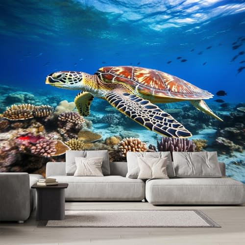 Générique Papier Peint Panoramique Tortue De Mer Animal 150x100 cm Poster Murale 3D Fonds Marins Nature Tapisserie Photo Peinture Murale,Papier Peint Intissé Fresque pour Salon Chambre Toile Fond TV