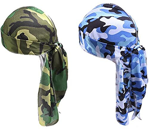 Generisch Hats Under Bicycle Helmet 2 Pieces Unisex Camouflage Print Durag Long Tail Durag Headwraps Cap Bandanas Turban White Cap Men, Camouflage, One Size