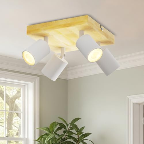 LVWIT LED Deckenstrahler 4 Flammig Deckenleuchte Weiß Modern Küchenlampe Wohnzimmerlampe Drehbar Vintage Strahler Holz Deckenleuchte Deckenspot Flur GU10 Spotlight Lampe für Schlafzimmer Esszimmer