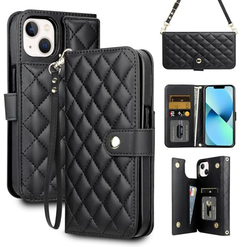 Coolden for iPhone 13 Case Wallet with Card Holder [4 Card Slots] Shoulder Strap for Women PU Leather Flip Magnetic Clasp Heavy Duty Protective Shockproof Cases Cover for iPhone 13 Phone Case-Black