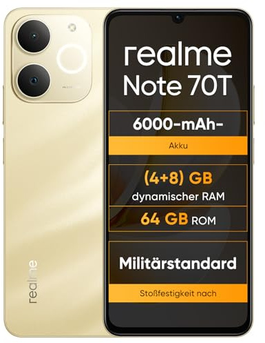 realme Note 70T 4 + 64GB Smartphone, Pantalla Eye Comfort de 6,75 Pulgadas a 90 Hz, Batería de 6000mAh, Protección ArmorShell, Chipset Octa-Core, 7,94mm Ultra Delgado, IP54, Oro Arenoso, Sin Cargador
