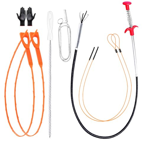 PAPAcroscoma 4 Claw Drain Unblocker Tool Toilet Unblocker, 8 Piece Set | Drain Unblocker Snake Tool with Brush and Hook for Sink Bathroom Shower Toilet Drain Pipe Cleaning Kit Gloves Included