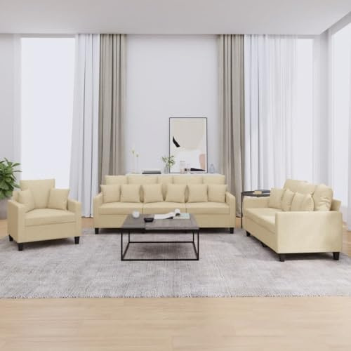 YuuSsea 3-TLG. Sofagarnitur, Creme Stoff, Robustes Metall-Sperrholz-Gestell, bequem gepolstert, für Wohnzimmer, 1 Sessel, 2-Sitzer, 3-Sitzer Couch Set mit Kissen