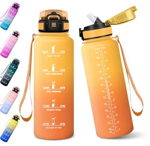 Baramumu Borraccia, 1500ML Senza BPA, Con Paglia, Borraccia Acqua, Bottiglia d'acqua Motivazionale con Indicatore del Tempo, Bottiglia con Cannuccia per Palestra - Giallo&Arancione