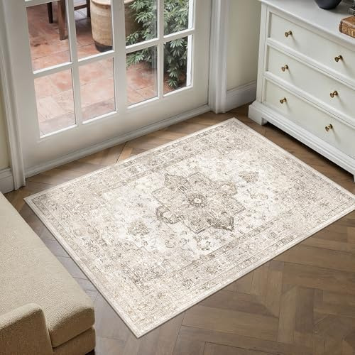 PureCozy Vintage Tapis Entree Beige 60x90cm Rug Lavable en Machine