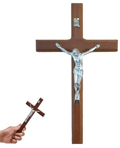 JOYOLA Brown Stakee Wooden Cross Hanging, Decor Platinum Wood Cross with Alloy Jesus Christ Catholic Wall Art Cross for Church Home Decor