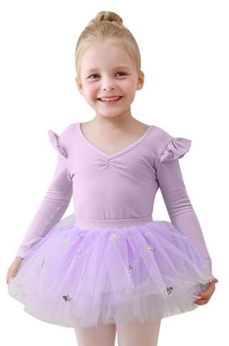 Justaucorps de ballet à manches longues pour fille avec jupe tutu amovible, costume élégant pour la danse et la gymnastique, idéal pour la pratique et les exercices., lilas, 3-4 ans