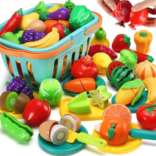 70 PCS Jouet Aliments à Découper pour Cuisine d'Enfants, Accessoires Fruits & Légumes en Jouet avec Panier de Course et Rangement, Mini Assiettes et Couteau en Plastique, Jouet Éducatif pour Cadeau d'