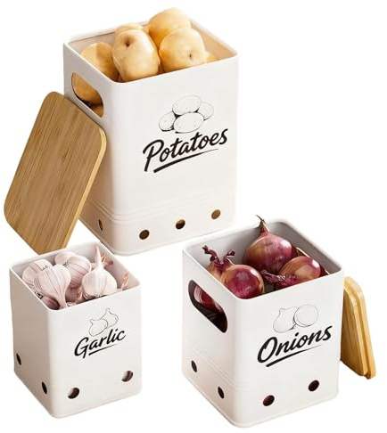 Boite Pomme Terre avec Couvercle Bambou & Trous Ventilation, Rangement Echalotte Cuisine, Panier Conservation Oignons, Bocaux Legumes Empilables, Pot Rectangulaires pour Echalottes & Ail (Blanc)