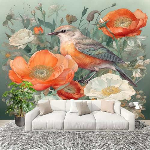 Carta Da Parati Murale H D 200x140 cm 3d Fiori Uccelli Carta da Parati Fotografica decorare Casa Rimovibile Verde Per Bagno Cucina Sala Pranzo Gabinetto Casa Degli Ospiti