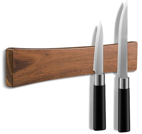 16 Inch Magnetic Knife Holder for Wall, Solid Acacia Wood Knife Magnetic Strip for Fridge, No Drill Wall Mount Knife Magnet Tool Bar, Wooden Knives Rack Block for Kitchen Utensil Organizer RV Storage