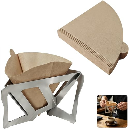 Filtro de Café Plegable de Acero Inoxidable, Soporte de Goteo Portátil con 40 Filtros de Papel para Camping, Viaje y Oficina, Cafetera Manual de Goteo Desmontable y Ligera