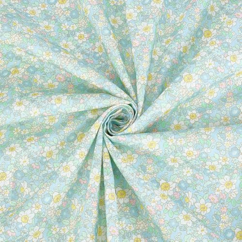 MAYJOYDIY 1m Flower Print Cotton Fabrics for Sewing 1.5m Floral Fabric by The Yard Small Flower Cotton Textile for Quilting DIY Blouses Dress Tablecloth Pillow Covers, Yellow Blue Flowers