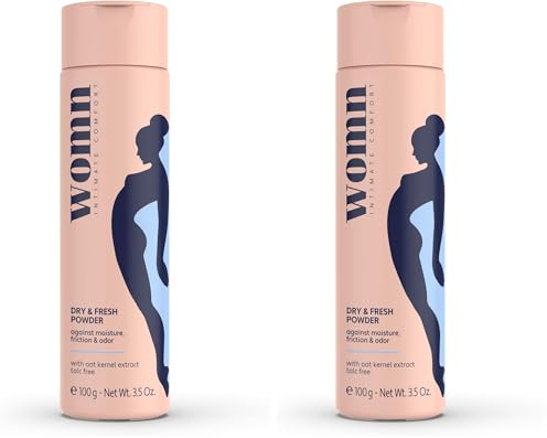 womn Dry & Fresh Powder 100 g – Talkumfreier Körperpuder für den Intimbereich wie Leiste und unter den Brüsten – Absorbiert Schweiß und beugt Wundscheuern sowie Gerüchen vor (Packung mit 2)