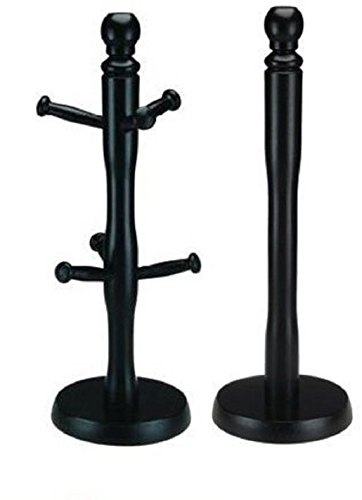 Kitchen Wooden 6 Cup Mugtree and Paper Towel Roll Holder Stand Rack Apollo - New (Towel Holder & Mugtree, Black)